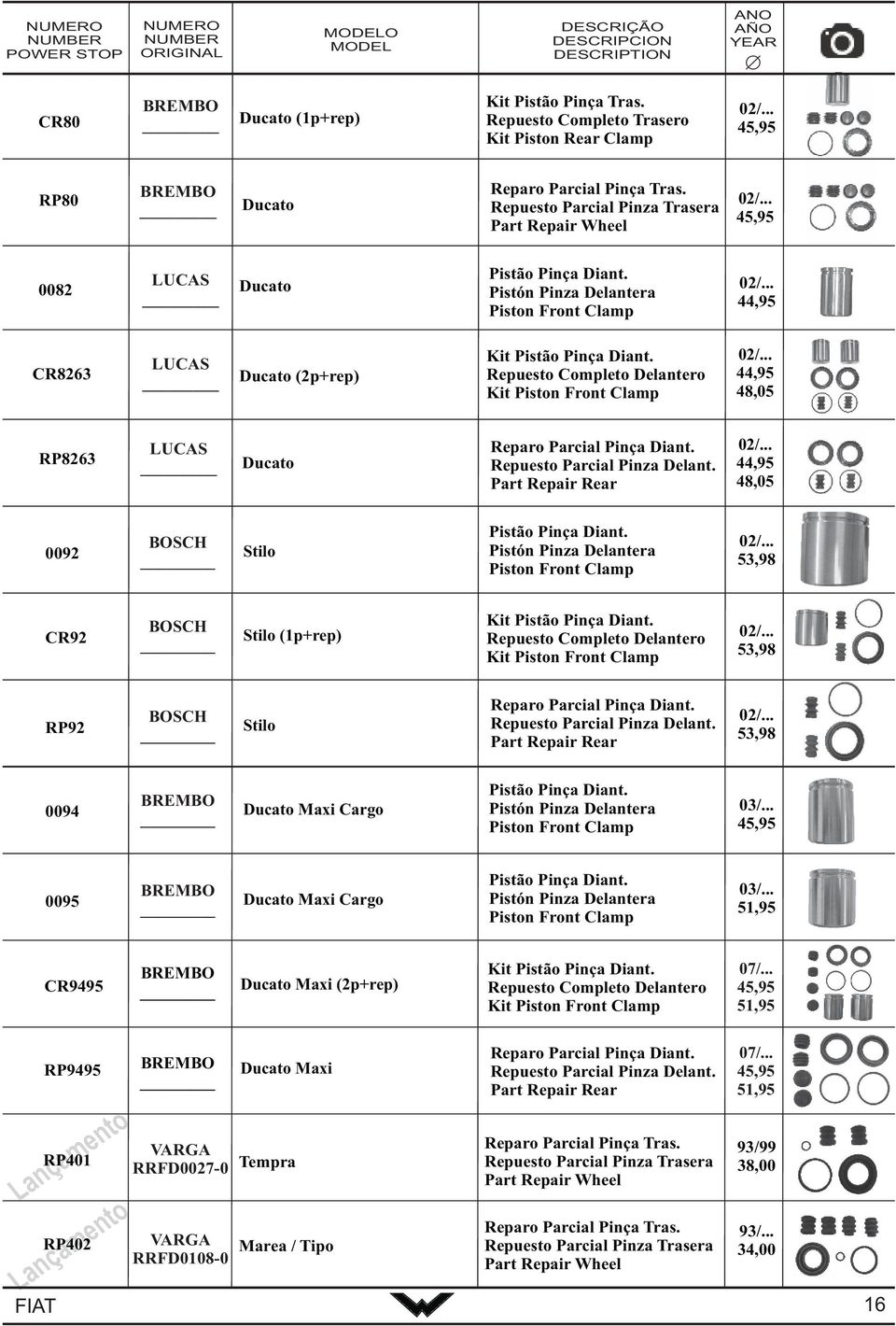 .. 53,98 CR92 Stilo (1p+rep) Kit 02/... 53,98 RP92 Stilo 02/... 53,98 BREMBO 0094 Ducato Maxi Cargo 03/... 45,95 BREMBO 0095 Ducato Maxi Cargo 03/... 51,95 CR9495 BREMBO Ducato Maxi (2p+rep) Kit 07/.