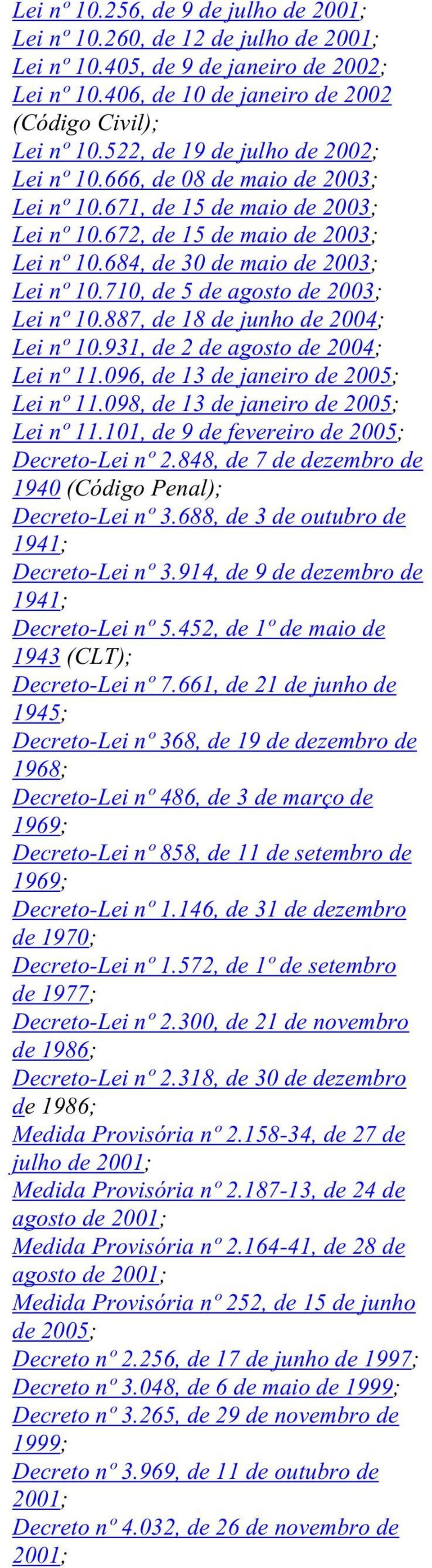 710, de 5 de agosto de 2003; Lei nº 10.887, de 18 de junho de 2004; Lei nº 10.931, de 2 de agosto de 2004; Lei nº 11.096, de 13 de janeiro de 2005; Lei nº 11.098, de 13 de janeiro de 2005; Lei nº 11.