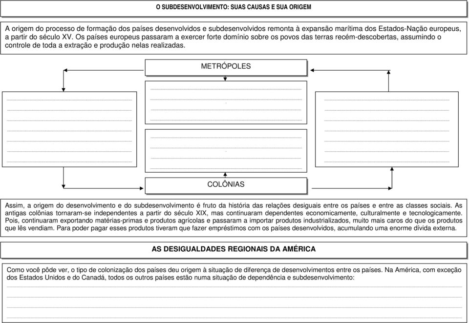 ......................... COLÔNIAS Assim, a origem do desenvolvimento e do subdesenvolvimento é fruto da história das relações desiguais entre os países e entre as classes sociais.