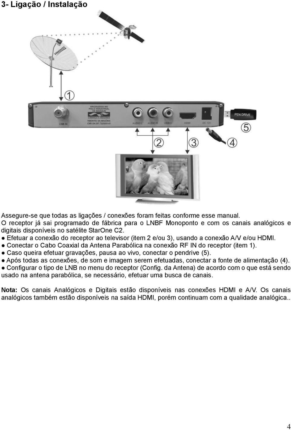 Efetuar a conexão do receptor ao televisor (item 2 e/ou 3), usando a conexão A/V e/ou HDMI. Conectar o Cabo Coaxial da Antena Parabólica na conexão RF IN do receptor (item 1).