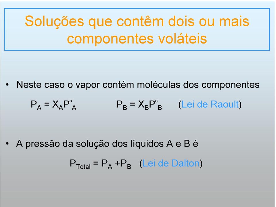 X A P º A P B = X B P º B (Lei de Raoult) A pressão da