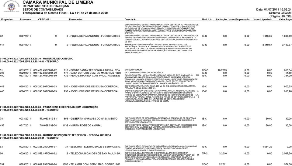 32 0007/2011 0 2 - FOLHA DE PAGAMENTO - FUNCIONARIOS EMPENHO PRÉVIO ESTIMATIVO DE IMPORTÂNCIA DESTINADA AO PAGAMENTO DE VERBAS DECORRENTES DE CONCESSÃO DE GOZO DE FÉRIAS, REFERENTE 1/3