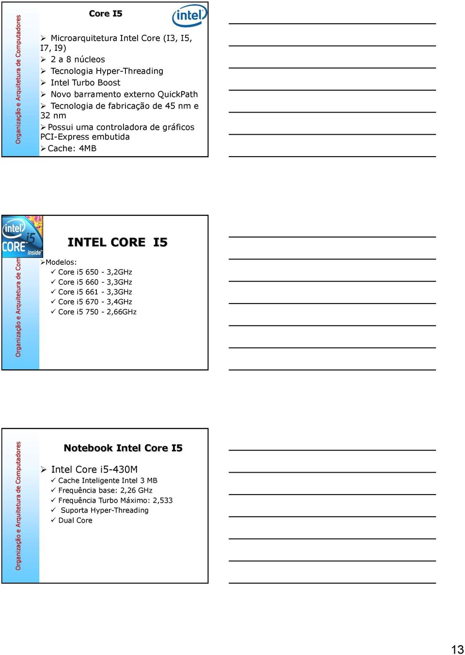 CORE I5 Modelos: Core i5 650-3,2GHz Core i5 660-3,3GHz Core i5 661-3,3GHz Core i5 670-3,4GHz Core i5 750-2,66GHz Notebook Intel Core