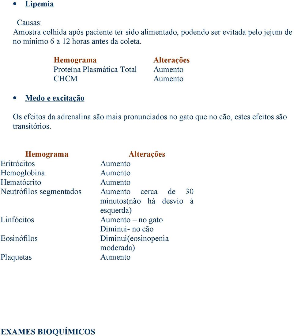 Hemograma Proteína Plasmática Total CHCM Alterações Medo e excitação Os efeitos da adrenalina são mais pronunciados no gato que no cão,