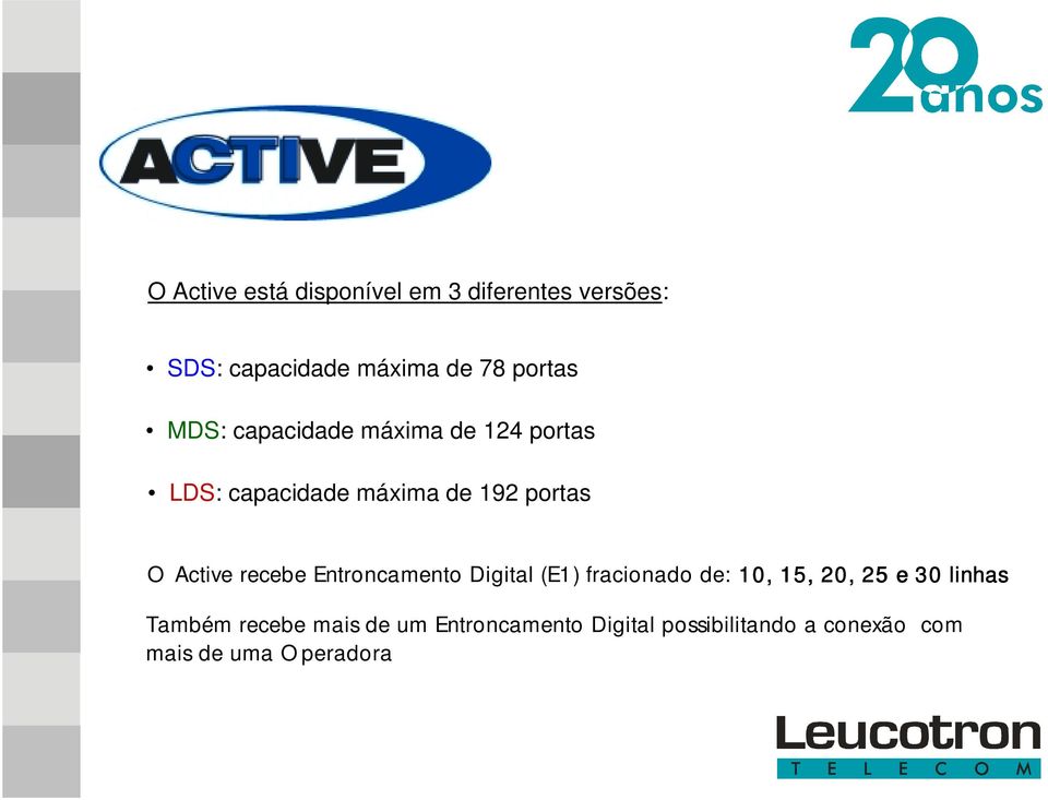 Active recebe Entroncamento Digital (E1) fracionado de: 10, 15, 20, 25 e 30 linhas Também