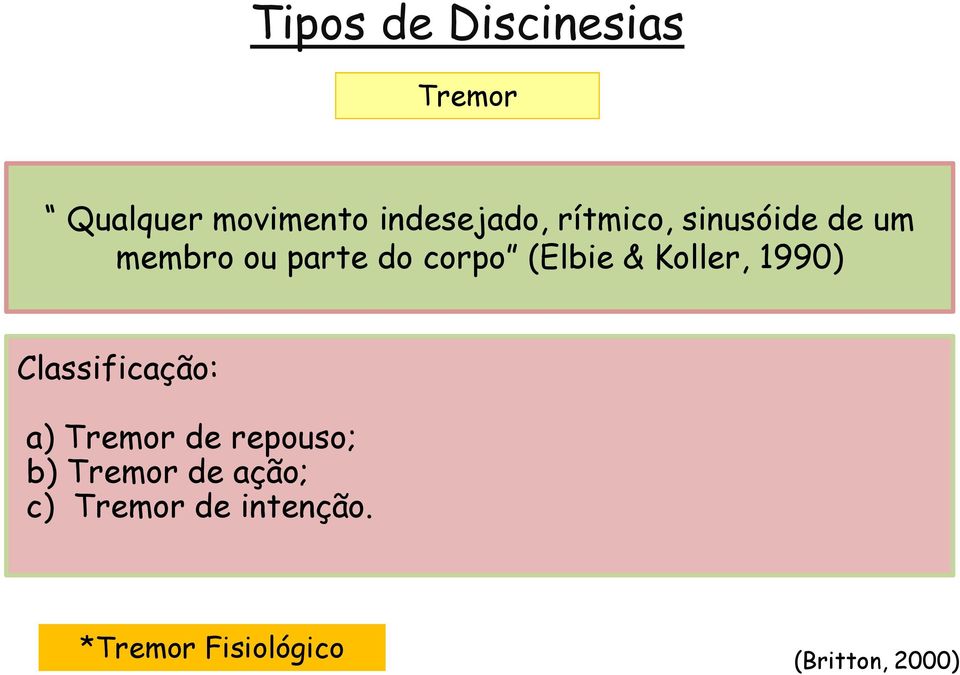 corpo (Elbie & Koller, 1990) Classificação: a) Tremor de