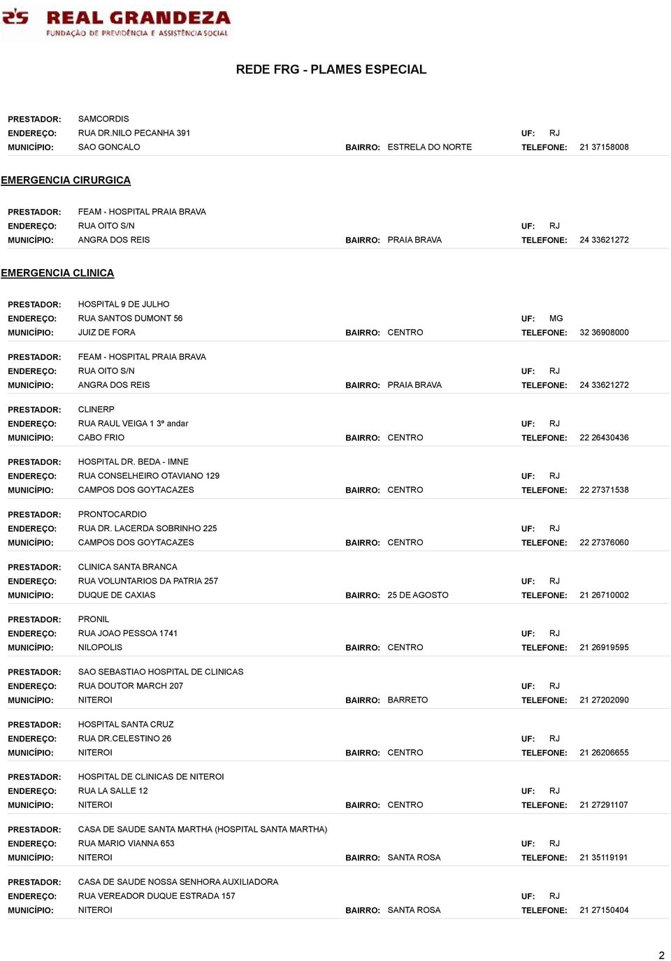 DUMONT 56 JUIZ DE FORA MG 32 36908000 FEAM - HOSPITAL PRAIA BRAVA RUA OITO S/N ANGRA DOS REIS PRAIA BRAVA 24 33621272 CLINERP RUA RAUL VEIGA 1 3º andar CABO FRIO 22 26430436 HOSPITAL DR.