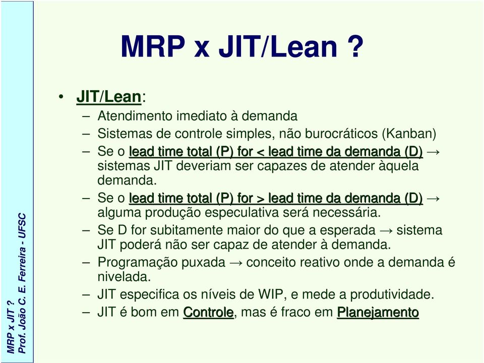 Se o lead time total (P) for > lead time da demanda (D) alguma produção especulativa será necessária.