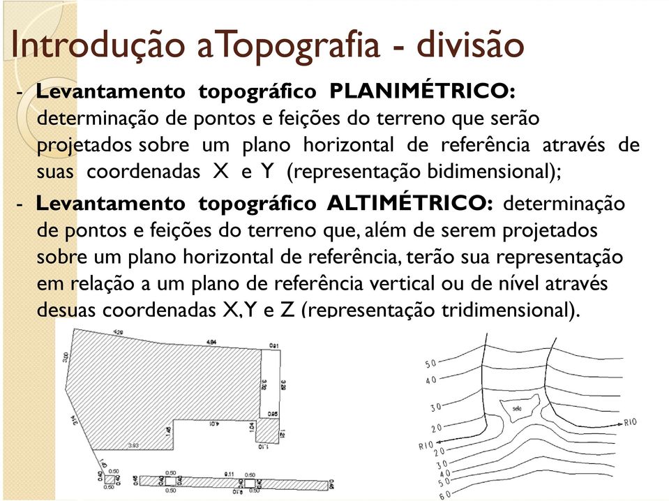 topográfico ALTIMÉTRICO: determinação de pontos e feições do terreno que, além de serem projetados sobre um plano horizontal de