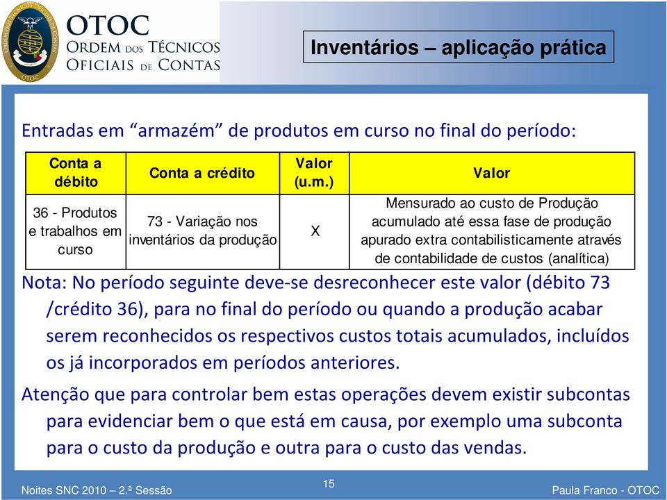 ) X Valor Mensurado ao custo de Produção acumulado até essa fase de produção apurado extra contabilisticamente através de contabilidade de custos (analítica) Nota: No período seguinte deve-se