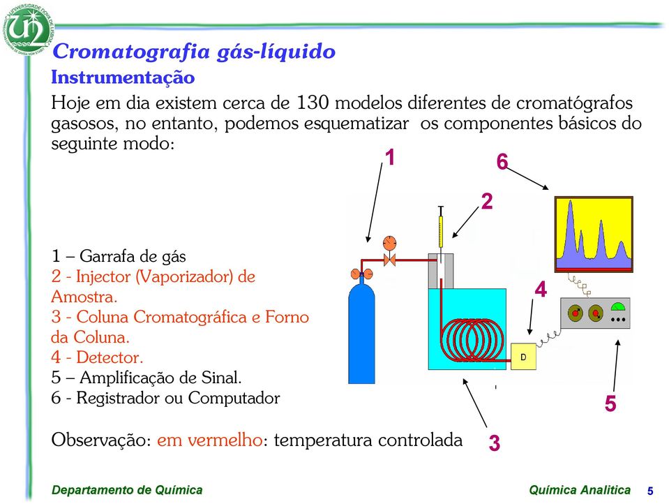 Garrafa de gás 2 - Injector (Vaporizador) de Amostra. 3 - Coluna Cromatográfica e Forno da Coluna.