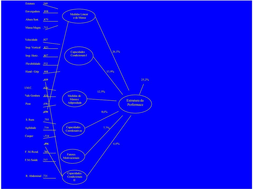 Rum,755 Agilidade,739 Capacidades 7,7% Coordenativas Cooper -,514,496 6,0% F. M./Rend.,789 F.M./Saúde,737 Fatores Motivacionais R.