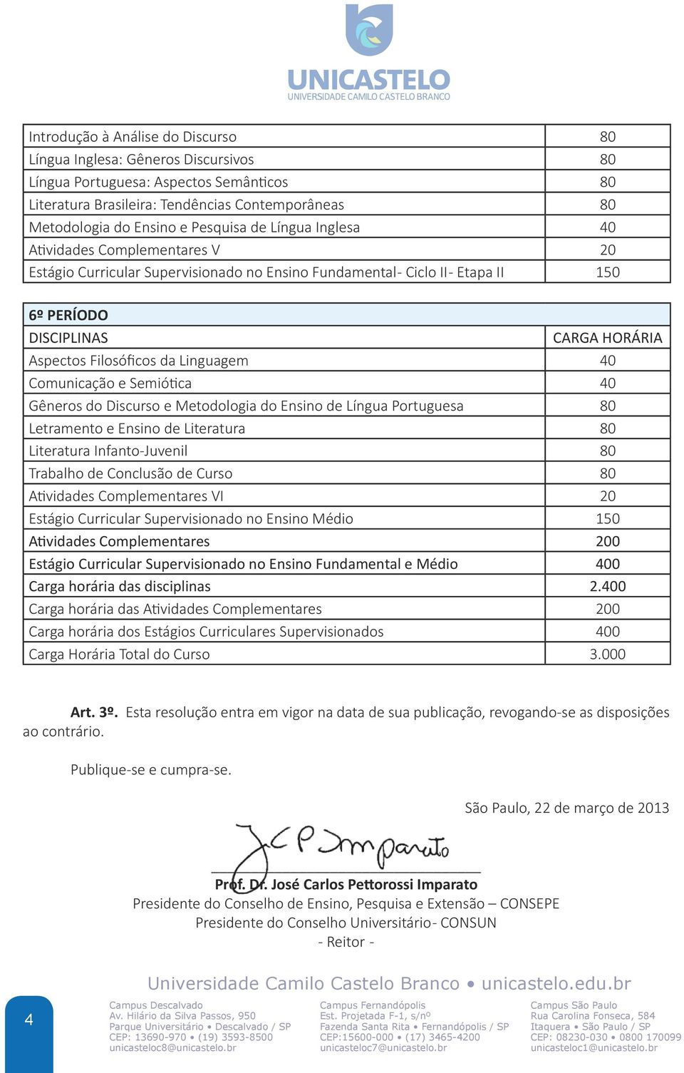 Comunicação e Semiótica 40 Gêneros do Discurso e Metodologia do Ensino de Língua Portuguesa 80 Letramento e Ensino de Literatura 80 Literatura Infanto-Juvenil 80 Trabalho de Conclusão de Curso 80