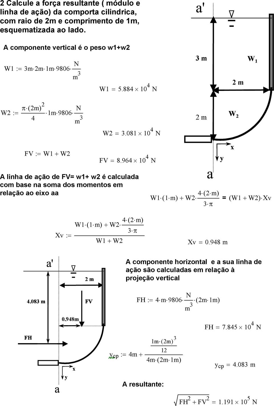 96 10 A linha de ação de FV w1 w2 é calculada com base na soma dos momentos em relação ao eixo aa a W1 ( 1 m) W2 ( 2 m) ( W1 W2) Xv 3 π y x Xv : W1 ( 1 m) W2 ( 2 m) 3 π W1 W2