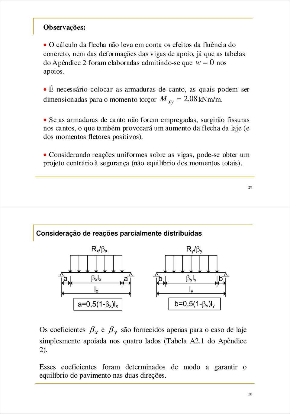 Se as armaduras de canto não forem empregadas, surgirão fissuras nos cantos, o que também provocará um aumento da flecha da laje (e dos momentos fletores positivos).