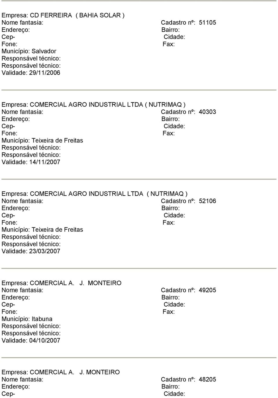 INDUSTRIAL LTDA ( NUTRIMAQ ) Nome fantasia: Cadastro nº: 52106 Município: Teixeira de Freitas Validade: 23/03/2007 Empresa: COMERCIAL A. J.