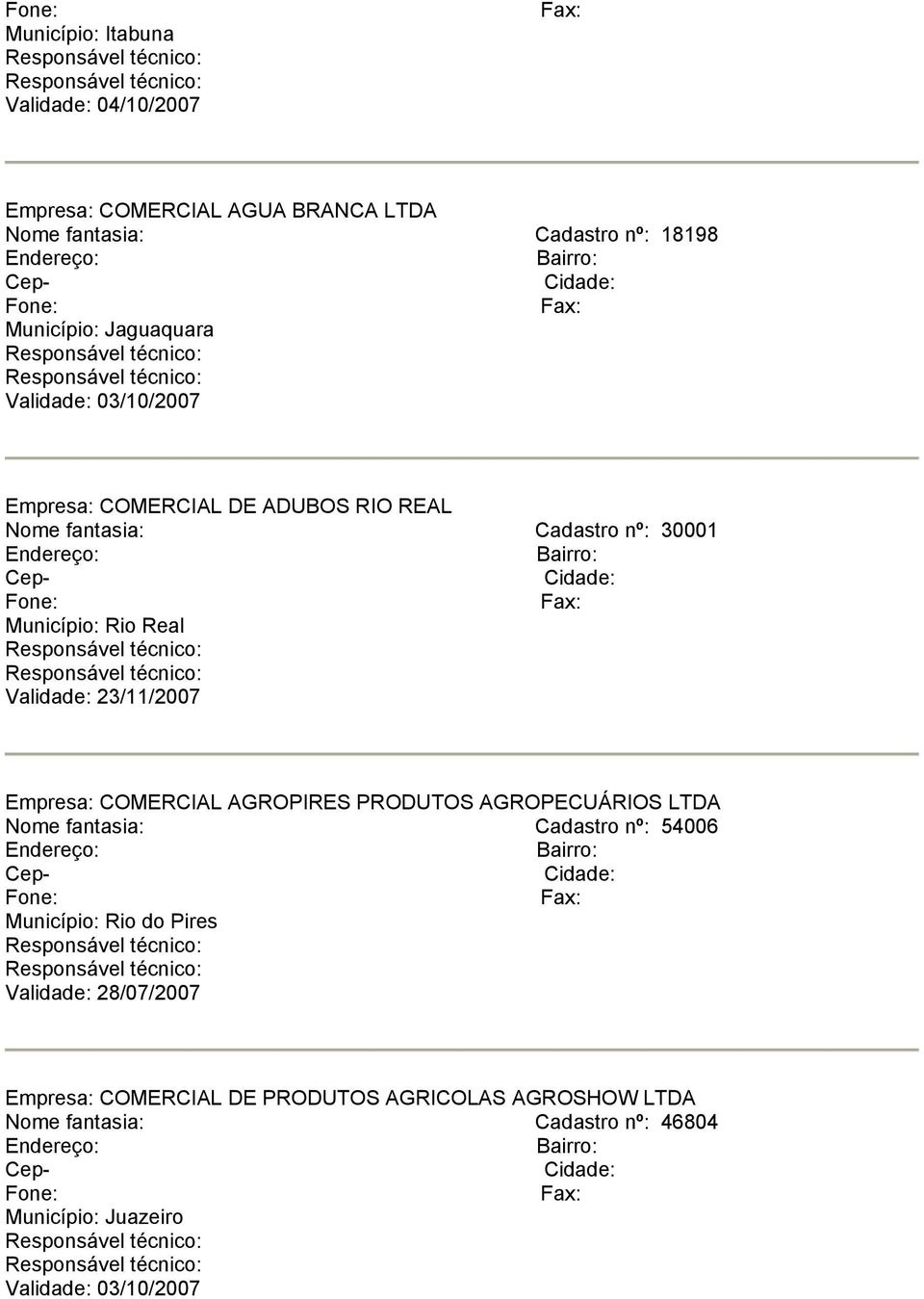 23/11/2007 Empresa: COMERCIAL AGROPIRES PRODUTOS AGROPECUÁRIOS LTDA Nome fantasia: Cadastro nº: 54006 Município: Rio do Pires