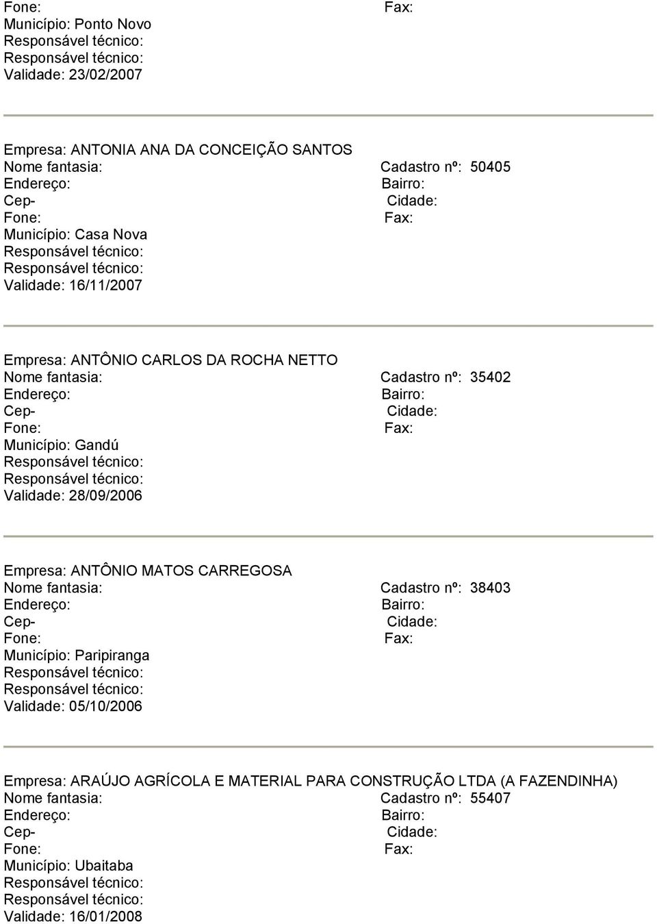 28/09/2006 Empresa: ANTÔNIO MATOS CARREGOSA Nome fantasia: Cadastro nº: 38403 Município: Paripiranga Validade: 05/10/2006 Empresa: