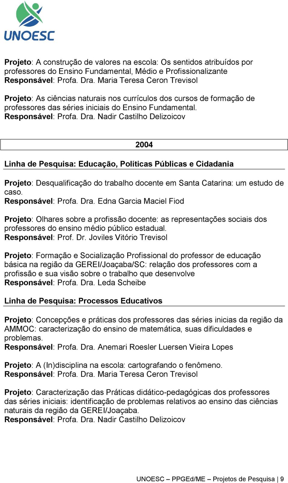 Nadir Castilho Delizoicov 2004 Projeto: Desqualificação do trabalho docente em Santa Catarina: um estudo de caso. Responsável: Profa. Dra.