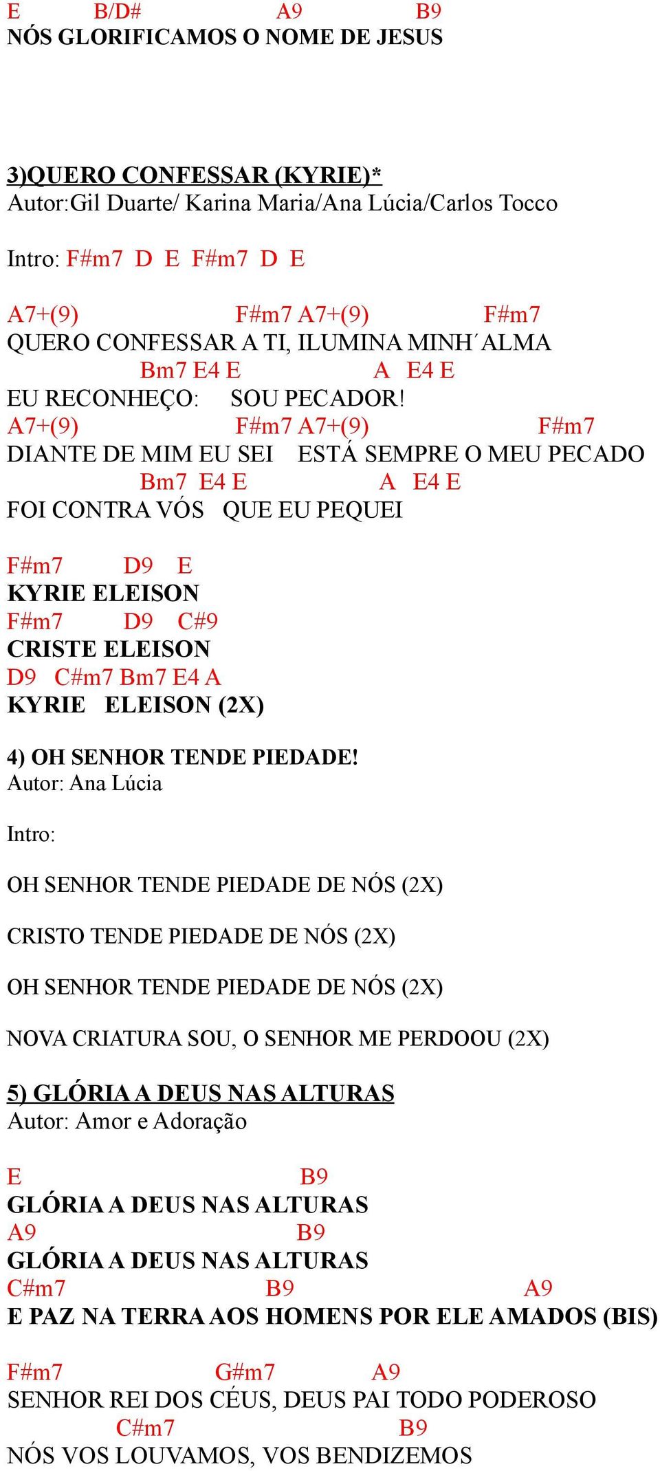 A7+(9) F#m7 A7+(9) F#m7 DIANT D MIM U SI STÁ SMPR O MU PCADO Bm7 4 A 4 FOI CONTRA VÓS QU U PQUI F#m7 D9 KYRI LISON F#m7 D9 C#9 CRIST LISON D9 C#m7 Bm7 4 A KYRI LISON (2X) 4) OH SNHOR TND PIDAD!