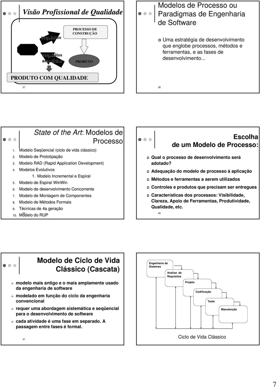 Modelo de Prototipação 3. Modelo RAD (Rapid( Application Development) 4. Modelos Evolutivos 1. Modelo Incremental e Espiral 5. Modelo de Espiral WinWin 6. Modelo de desenvolvimento Concorrente 7.