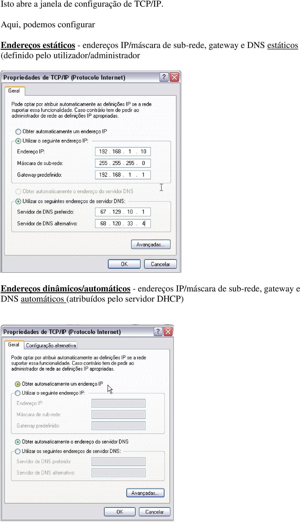 sub-rede, gateway e DNS estáticos (definido pelo utilizador/administrador