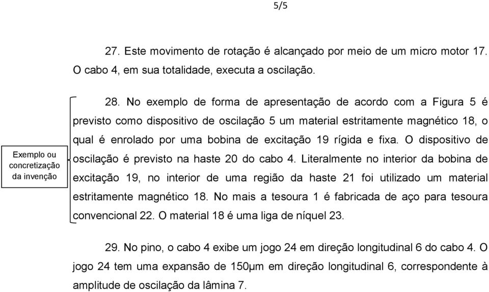 fixa. O dispositivo de oscilação é previsto na haste 20 do cabo 4.