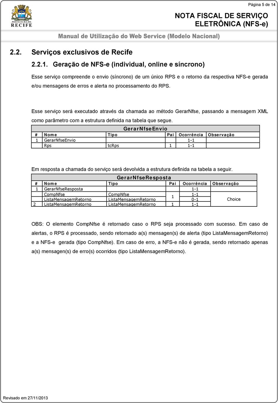 Geração de NFS-e (individual, online e síncrono) Esse serviço compreende o envio (síncrono) de um único RPS e o retorno da respectiva NFS-e gerada e/ou mensagens de erros e alerta no processamento do