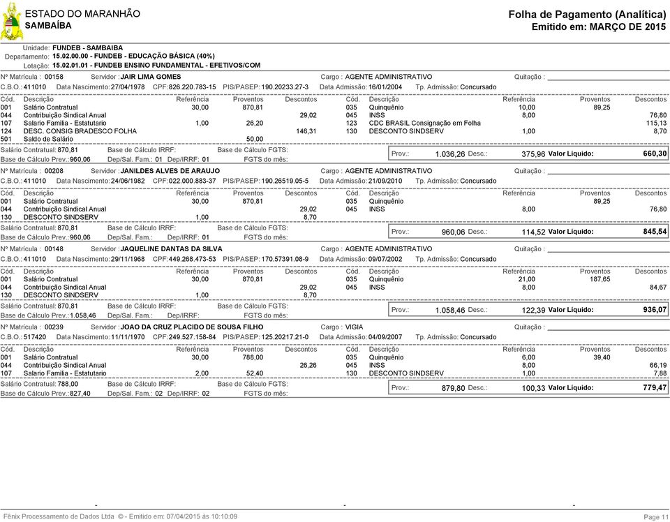 CONSIG BRADESCO FOLHA 146,31 130 DESCONTO SINDSERV 8,70 501 Saldo de Salário 50,00 Salário Contratual: 870,81 Base de Cálculo Prev.: 960,06 Data Nascimento: 27/04/1978 CPF:826.220.