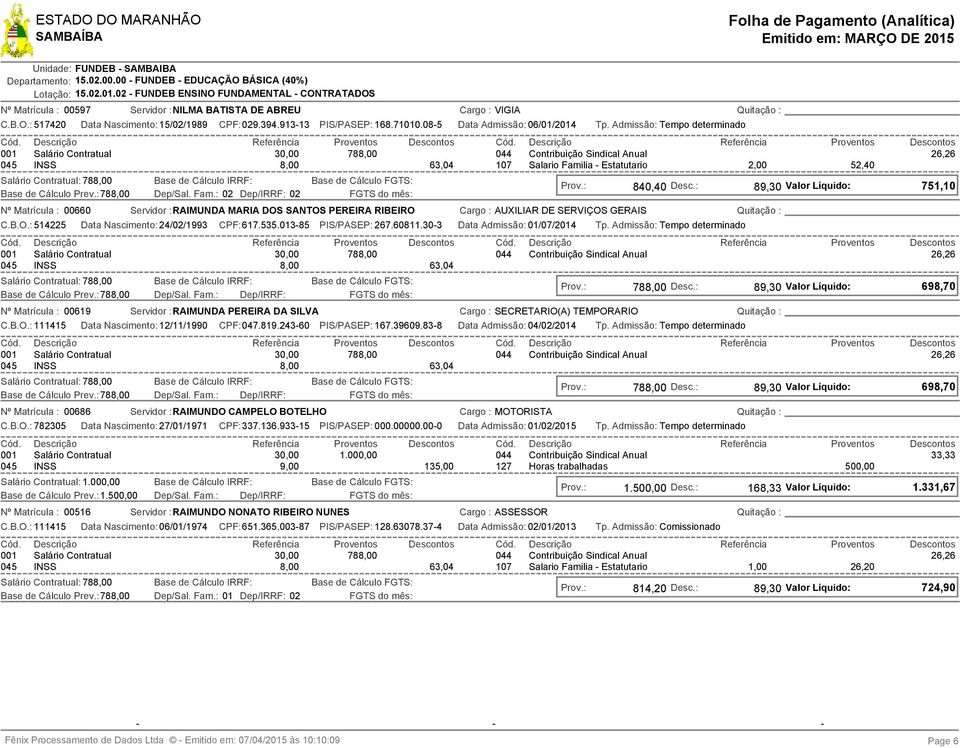 : 78 Data Nascimento: 15/02/1989 CPF:029.394.913-13 PIS/PASEP: 168.71010.08-5 Data Admissão: 06/01/2014 Dep/Sal. Fam.