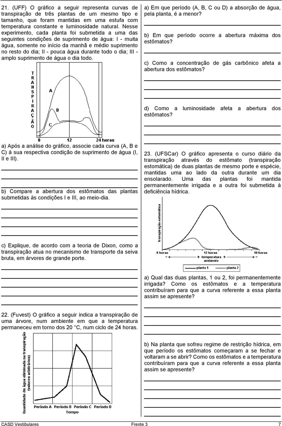 durante todo o dia; III - amplo suprimento de água o dia todo. a) Após a análise do gráfico, associe cada curva (A, B e C) à sua respectiva condição de suprimento de água (I, II e III).