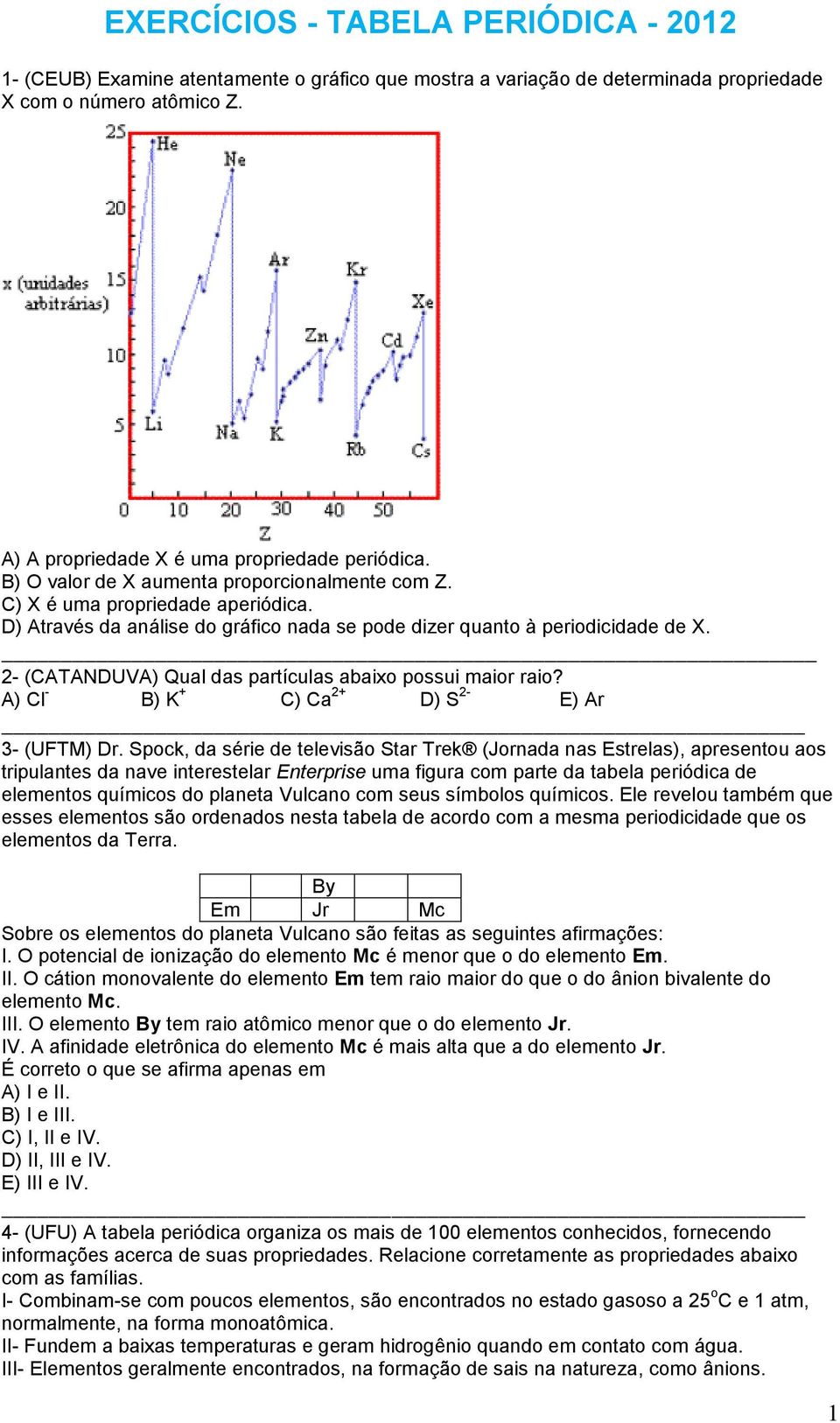 2- (CATANDUVA) Qual das partículas abaixo possui maior raio? A) Cl - B) K + C) Ca 2+ D) S 2- E) Ar 3- (UFTM) Dr.