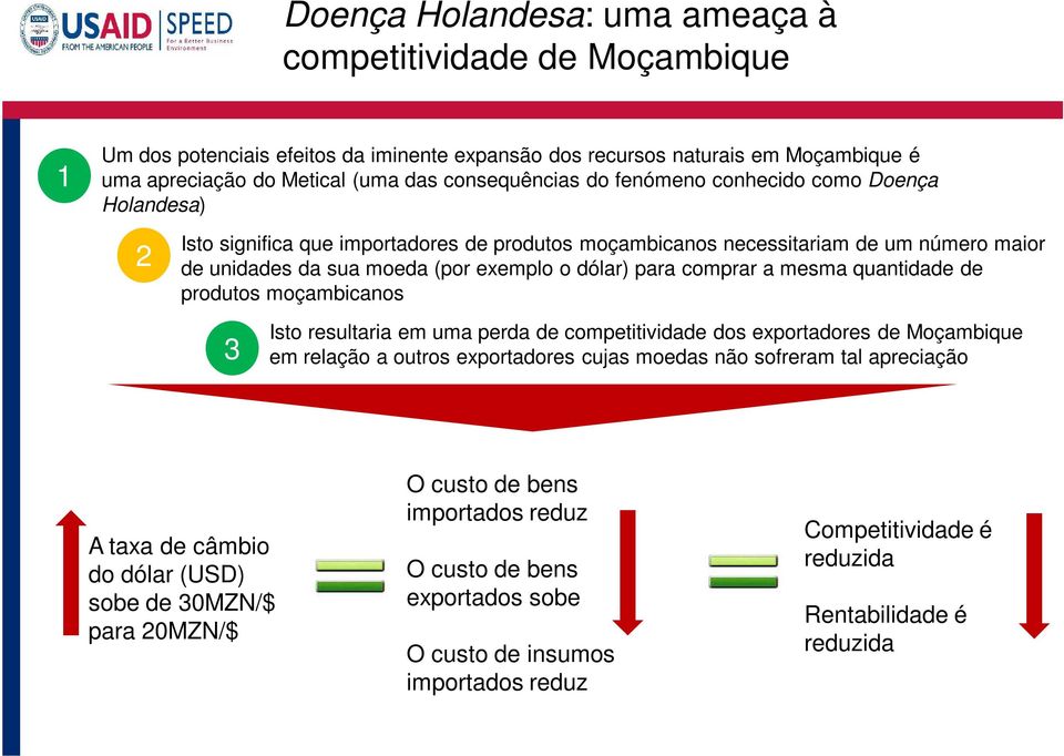 mesma quantidade de produtos moçambicanos 3 Isto resultaria em uma perda de competitividade dos exportadores de Moçambique em relação a outros exportadores cujas moedas não sofreram tal apreciação A