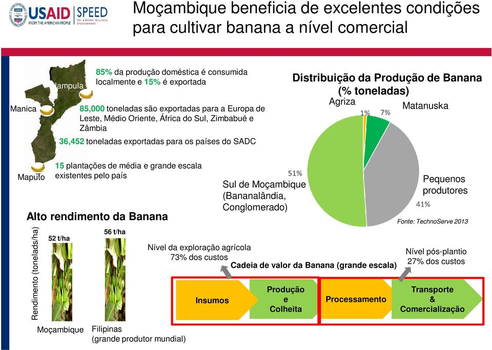 Rendimento (tonelads/ha) 15 plantações de média e grande escala existentes pelo país Alto rendimento da Banana 52 t/ha Moçambique 56 t/ha Filipinas (grande produtor mundial) Insumos Sul de Moçambique