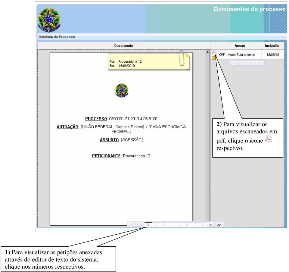 1) Para visualizar as petições anexadas