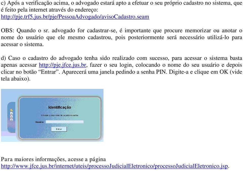 advogado for cadastrar-se, é importante que procure memorizar ou anotar o nome do usuário que ele mesmo cadastrou, pois posteriormente será necessário utilizá-lo para acessar o sistema.