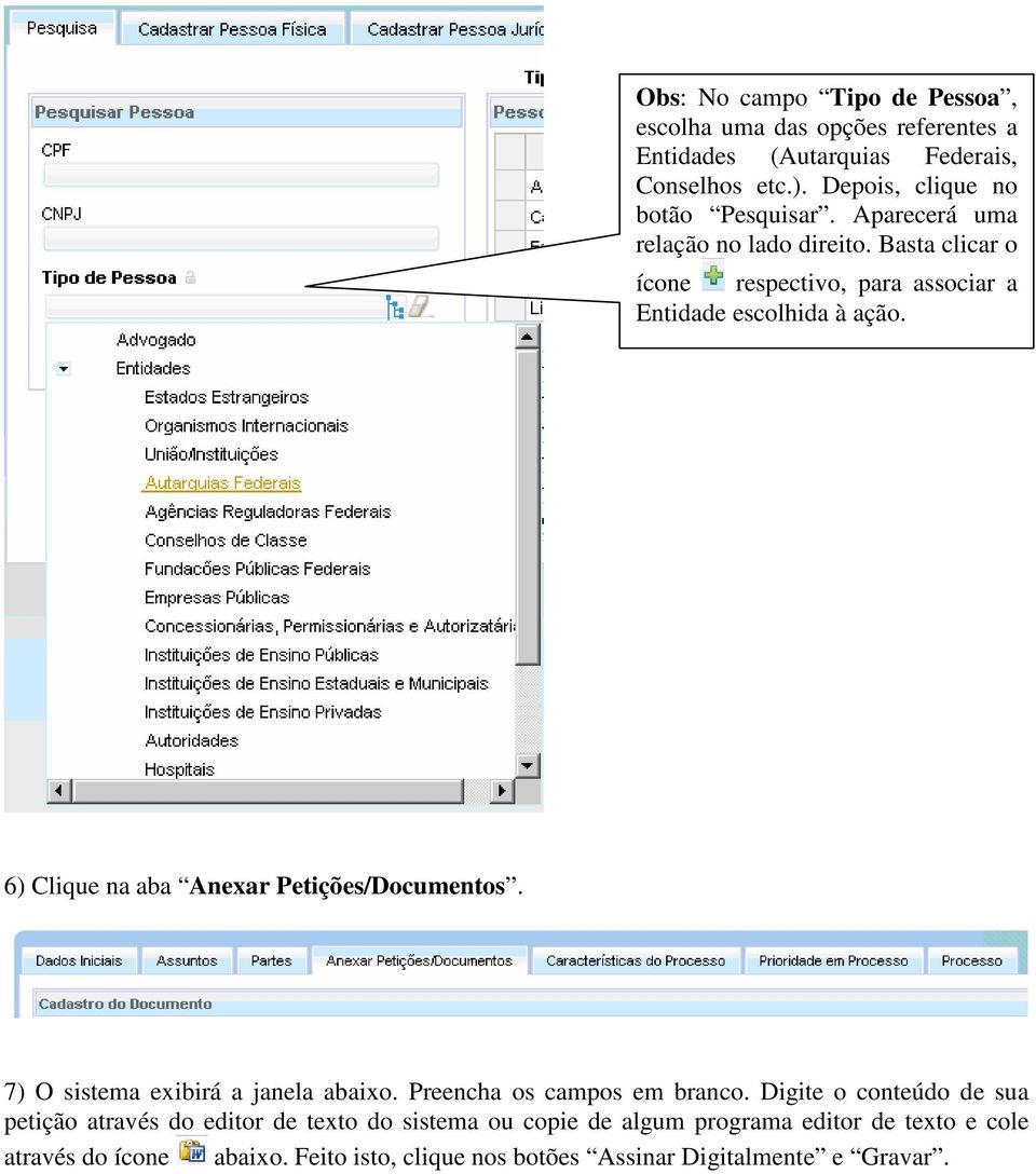 Basta clicar o ícone respectivo, para associar a Entidade escolhida à ação. 6) Clique na aba Anexar Petições/Documentos.