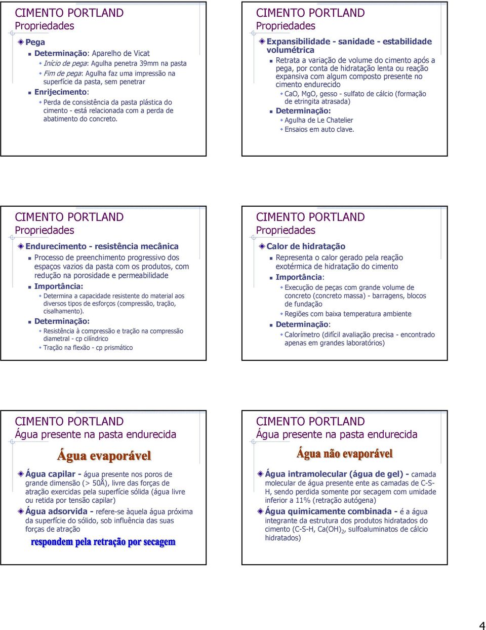 Expansibilidade - sanidade - estabilidade volumétrica Retrata a variação de volume do cimento após a pega, por conta de hidratação lenta ou reação expansiva com algum composto presente no cimento