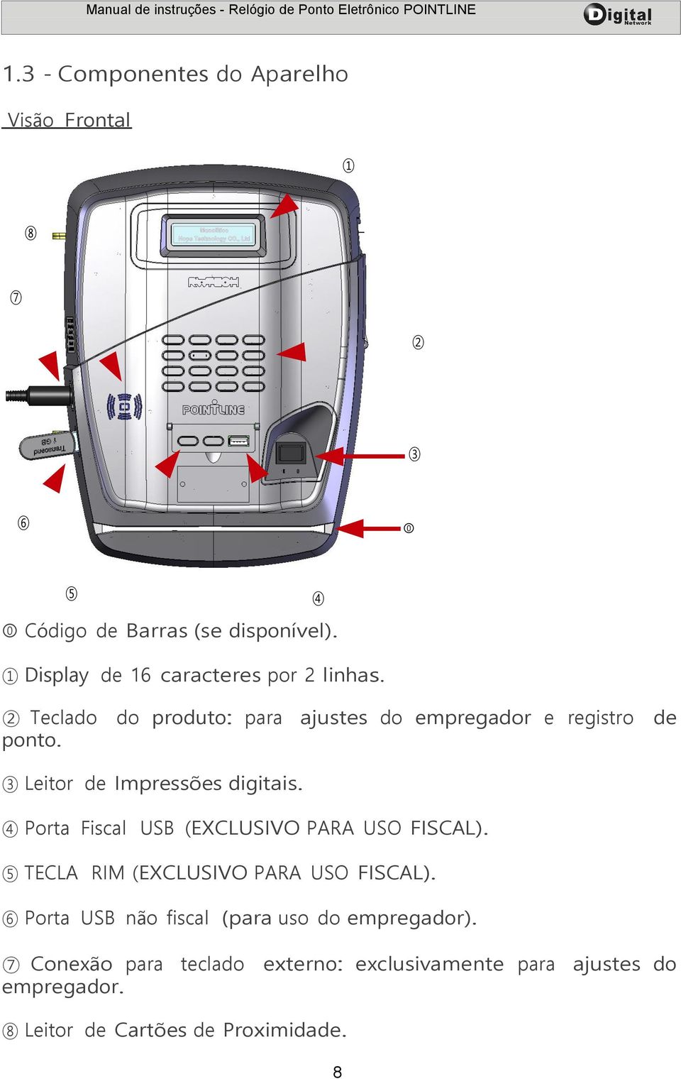 3 Leitor de Impressões digitais. 4 Porta Fiscal USB (EXCLUSIVO PARA USO FISCAL). 5 TECLA RIM (EXCLUSIVO PARA USO FISCAL).