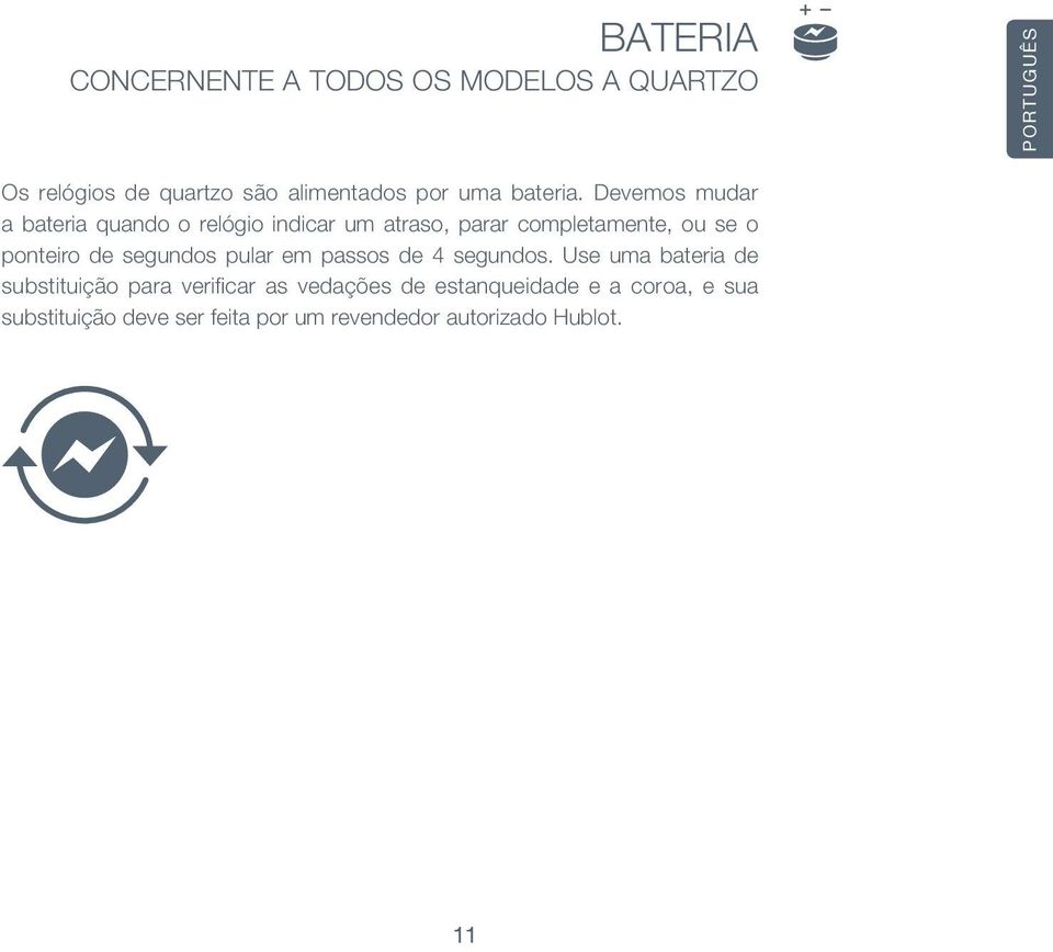 Devemos mudar a bateria quando o relógio indicar um atraso, parar completamente, ou se o ponteiro de