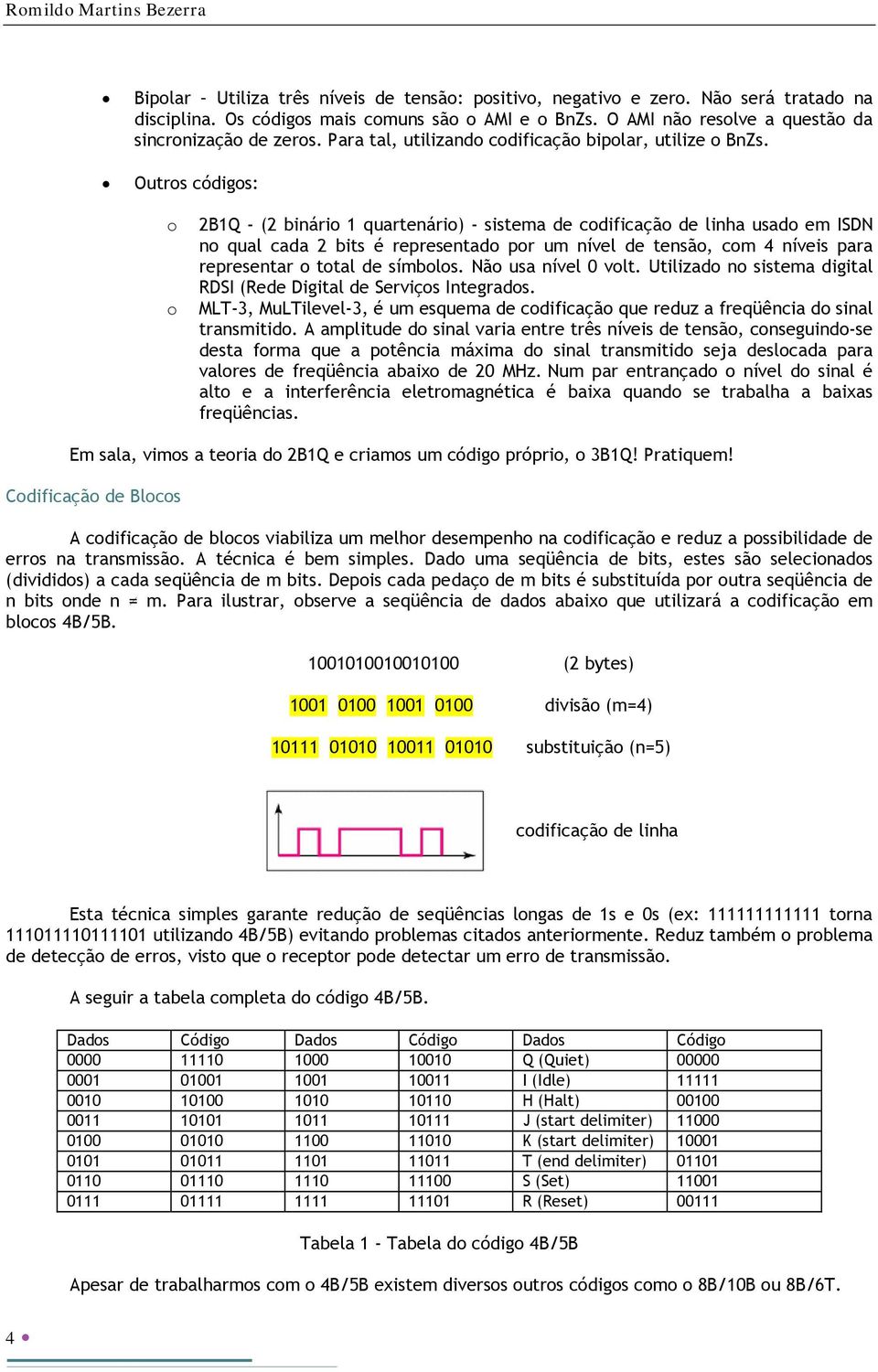 Outros códigos: o o 2B1Q - (2 binário 1 quartenário) - sistema de codificação de linha usado em ISDN no qual cada 2 bits é representado por um nível de tensão, com 4 níveis para representar o total