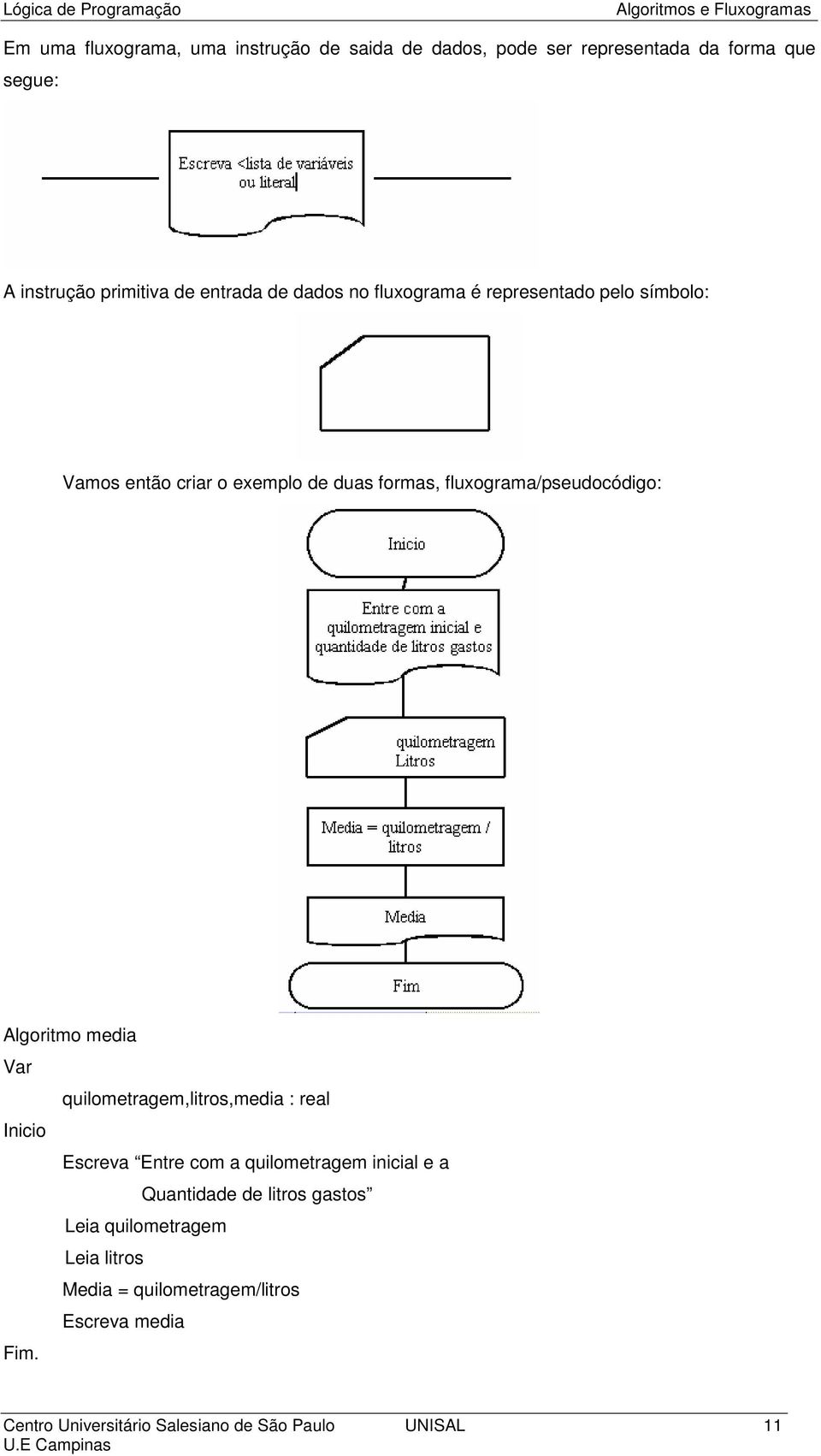 Algoritmo media Var quilometragem,litros,media : real Inicio Escreva Entre com a quilometragem inicial e a Quantidade de litros