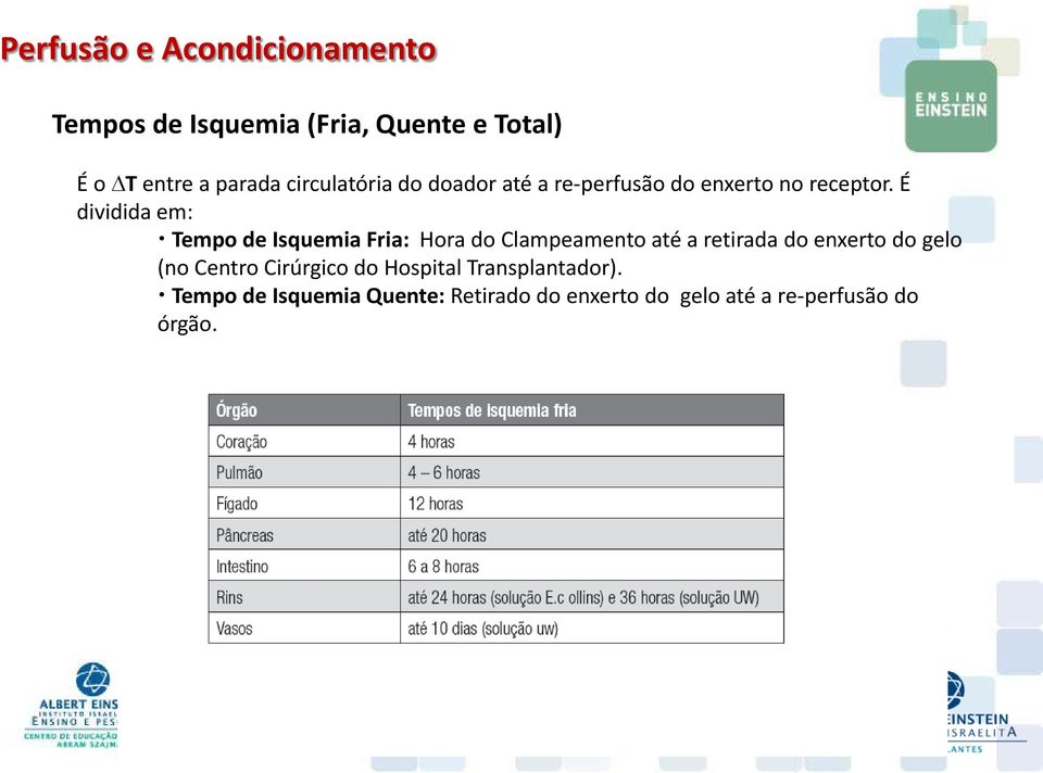 É dividida em: Tempo de Isquemia Fria: Hora do Clampeamento até a retirada do enxerto do gelo