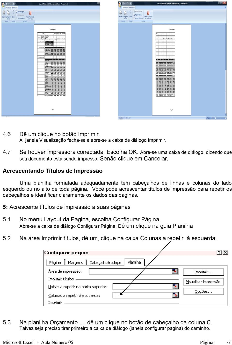 Acrescentando Títulos de Impressão Uma planilha formatada adequadamente tem cabeçalhos de linhas e colunas do lado esquerdo ou no alto de toda página.