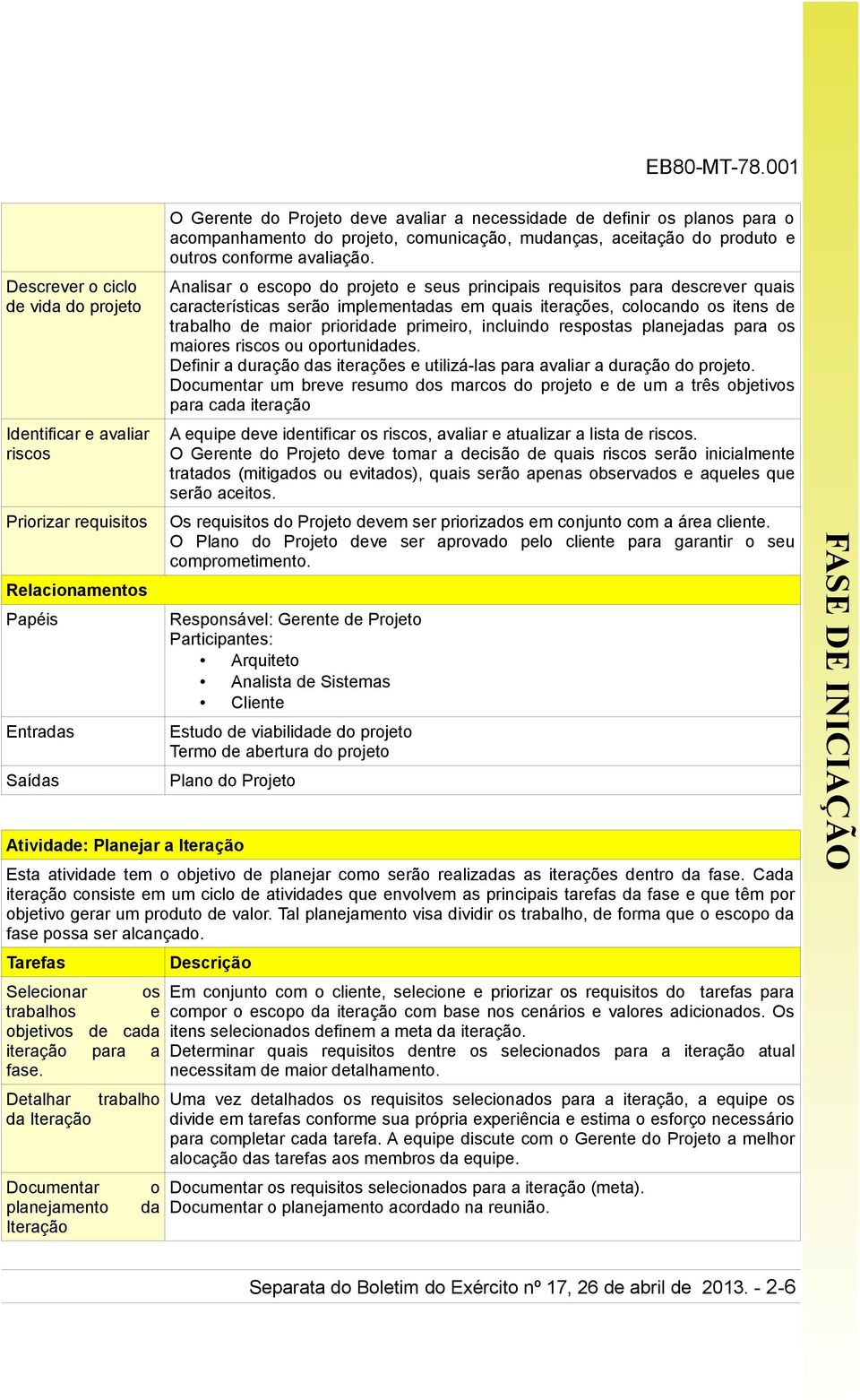 incluindo respostas planejadas para os maiores riscos ou oportunidades. Definir a duração das iterações e utilizá-las para avaliar a duração do projeto.