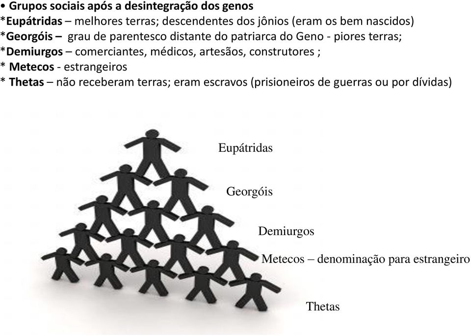 comerciantes, médicos, artesãos, construtores ; * Metecos - estrangeiros * Thetas não receberam terras; eram