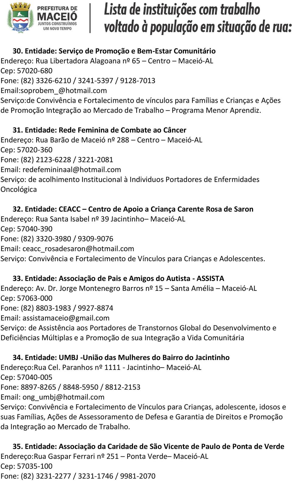 Entidade: Rede Feminina de Combate ao Câncer Endereço: Rua Barão de Maceió nº 288 Centro Maceió-AL Cep: 57020-360 Fone: (82) 2123-6228 / 3221-2081 Email: redefemininaal@hotmail.