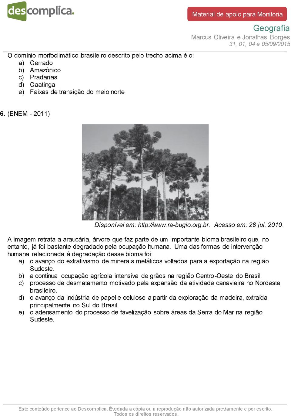 A imagem retrata a araucária, árvore que faz parte de um importante bioma brasileiro que, no entanto, já foi bastante degradado pela ocupação humana.