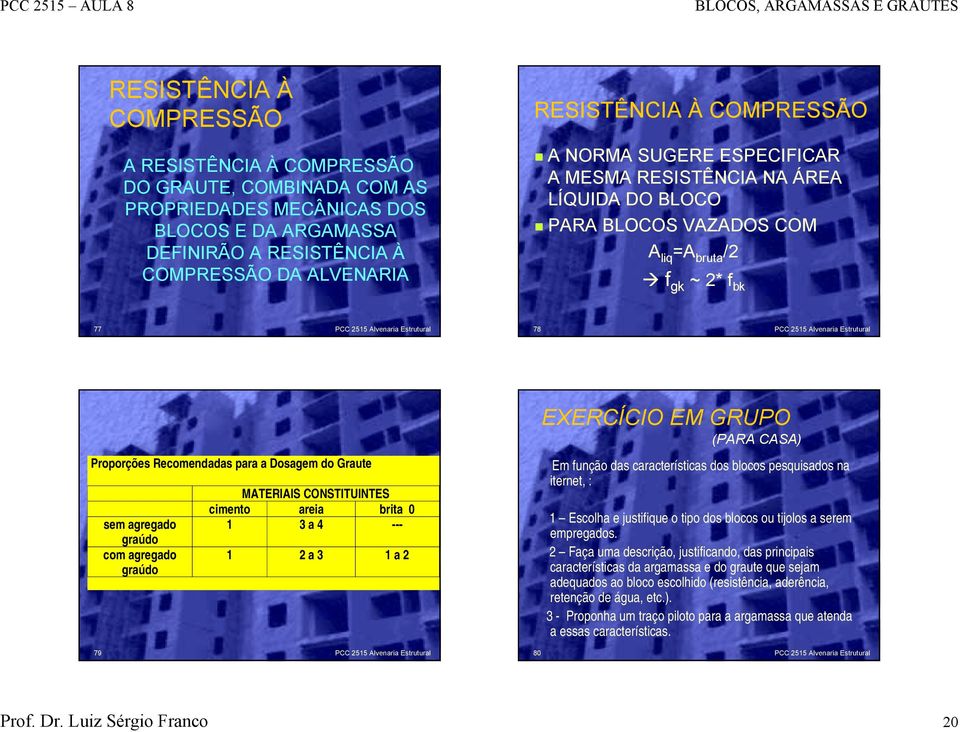 PARA BLOCOS VAZADOS COM A liq =A bruta /2 " f gk ~ 2* f bk 77 PCC 2515 Alvenaria Estrutural 78 PCC 2515 Alvenaria Estrutural Proporções Recomendadas para a Dosagem do Graute sem agregado graúdo com