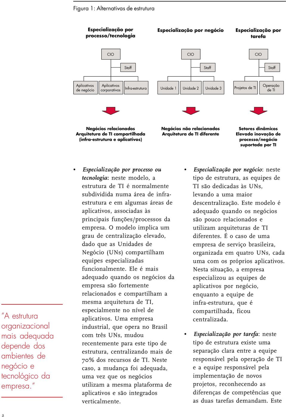 relacionados Arquitetura de TI diferente Setores dinâmicos Elevada inovação de processo/negócio suportada por TI A estrutura organizacional mais adequada depende dos ambientes de negócio e